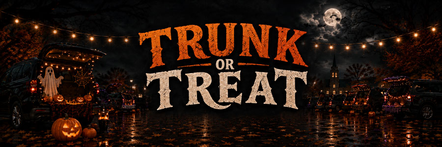 Trunk or Treat with decorated cars, pumpkins, and string lights